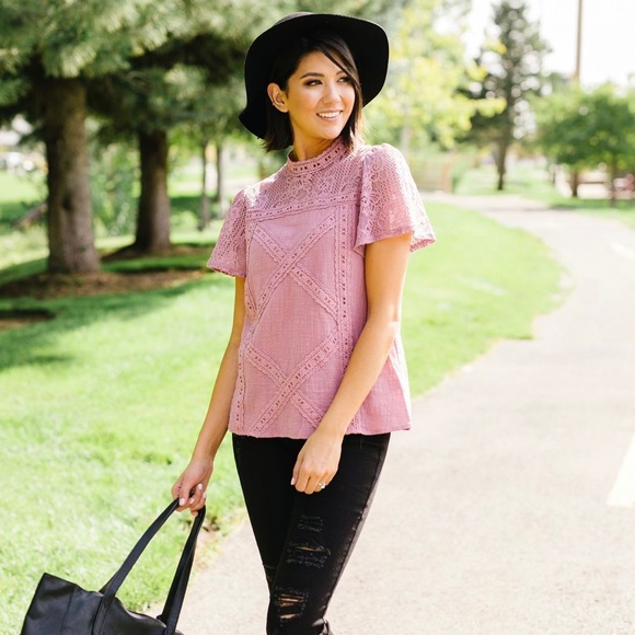 FINAL PRICE❗️Diamonds + Lace Mock Neck Pink Blouse - Picture 5 of 8